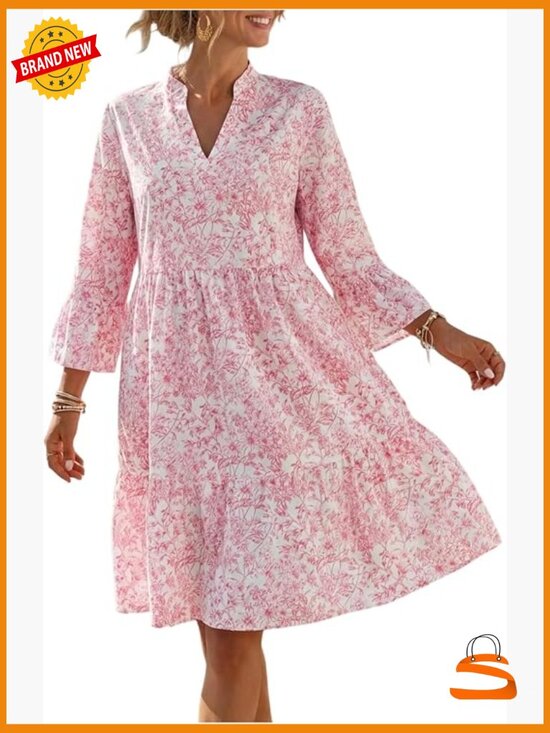 Dresses & Skirts - Floral V Neck Ruffle 3/4 Sleeve Swing Dress Flowy Beach Vacation Short Sundress